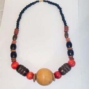Vintage Brown & Orange Chunky Wood Beaded Statement Necklace BoHo Retro